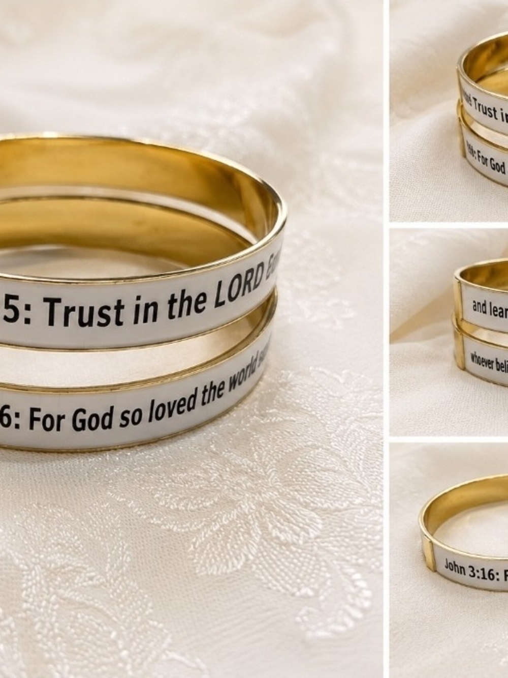 Gold and White Scripture Bangle Bracelet - Inspirational Faith Jewelry